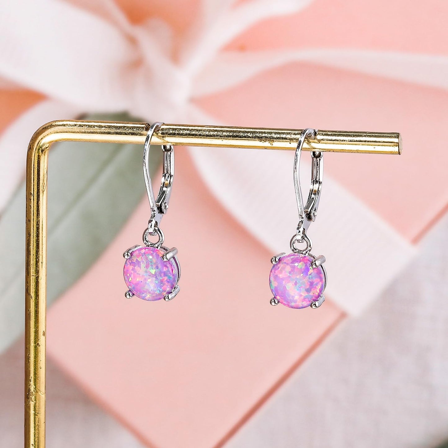 CiNily Round-Cut Opal Dangle Earrings for Women Hypoallergenic Purple Fire Opal Rhodium Plated Leverback Gemstone Drop Earrings Jewelry Birthday