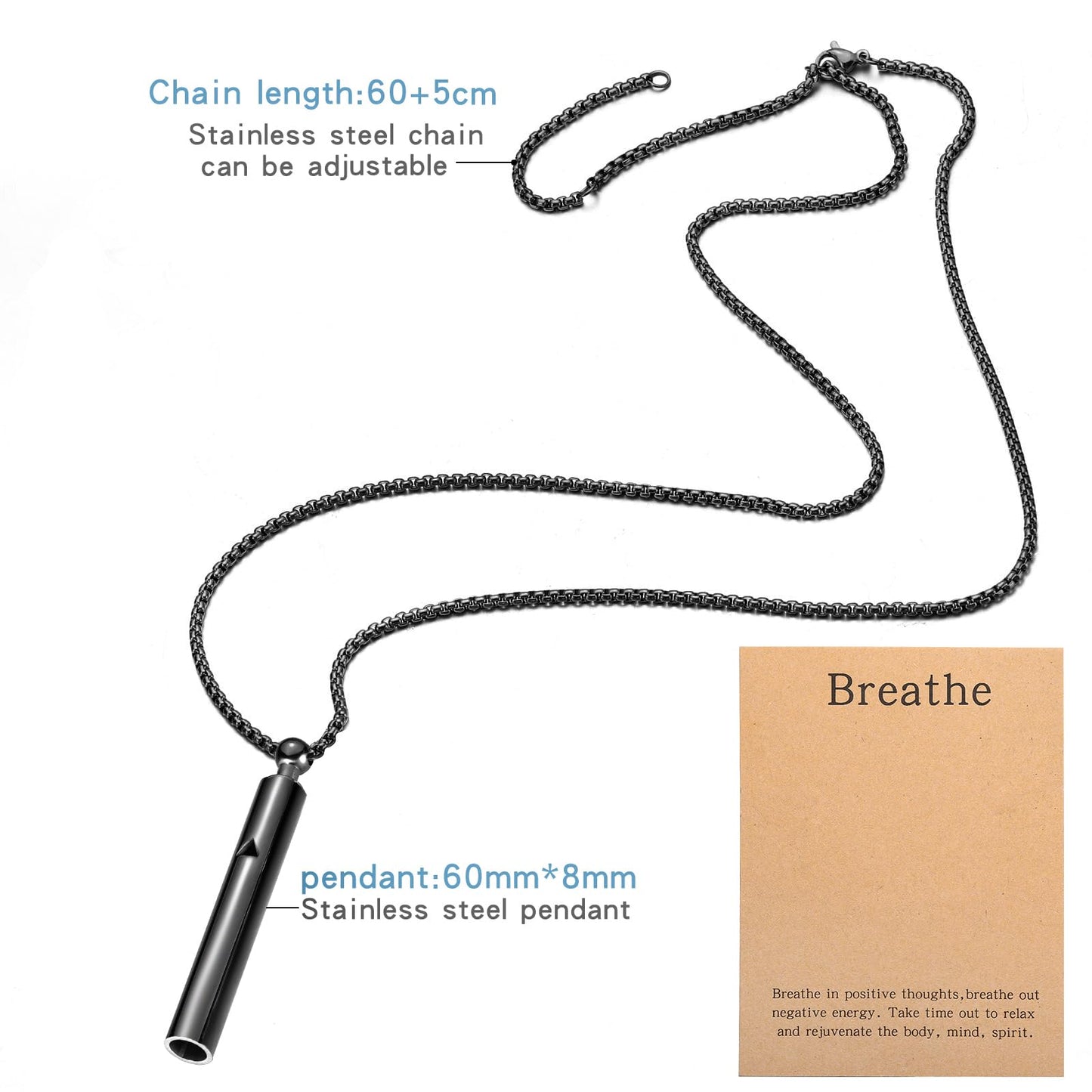 Anxiety Breathe Easy Necklace Mindfulness Breathing Necklace Breathlace Stainless Steel Pendant for Natural Calm & Stress Relief (Black T)