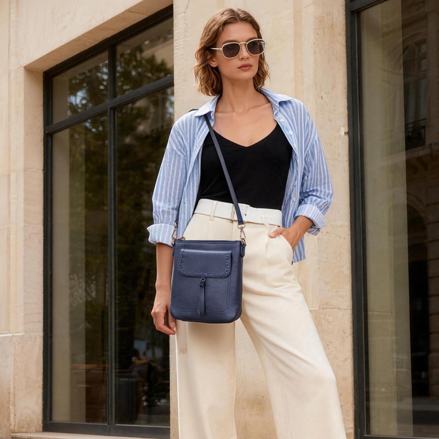 befen Navy Blue Genuine Leather Crossbody Purse for Women, Small Crossbody Bag with RFID Card Slots, Anti Theft Multi Pocket Shoulder Bag for Travel Daily Use