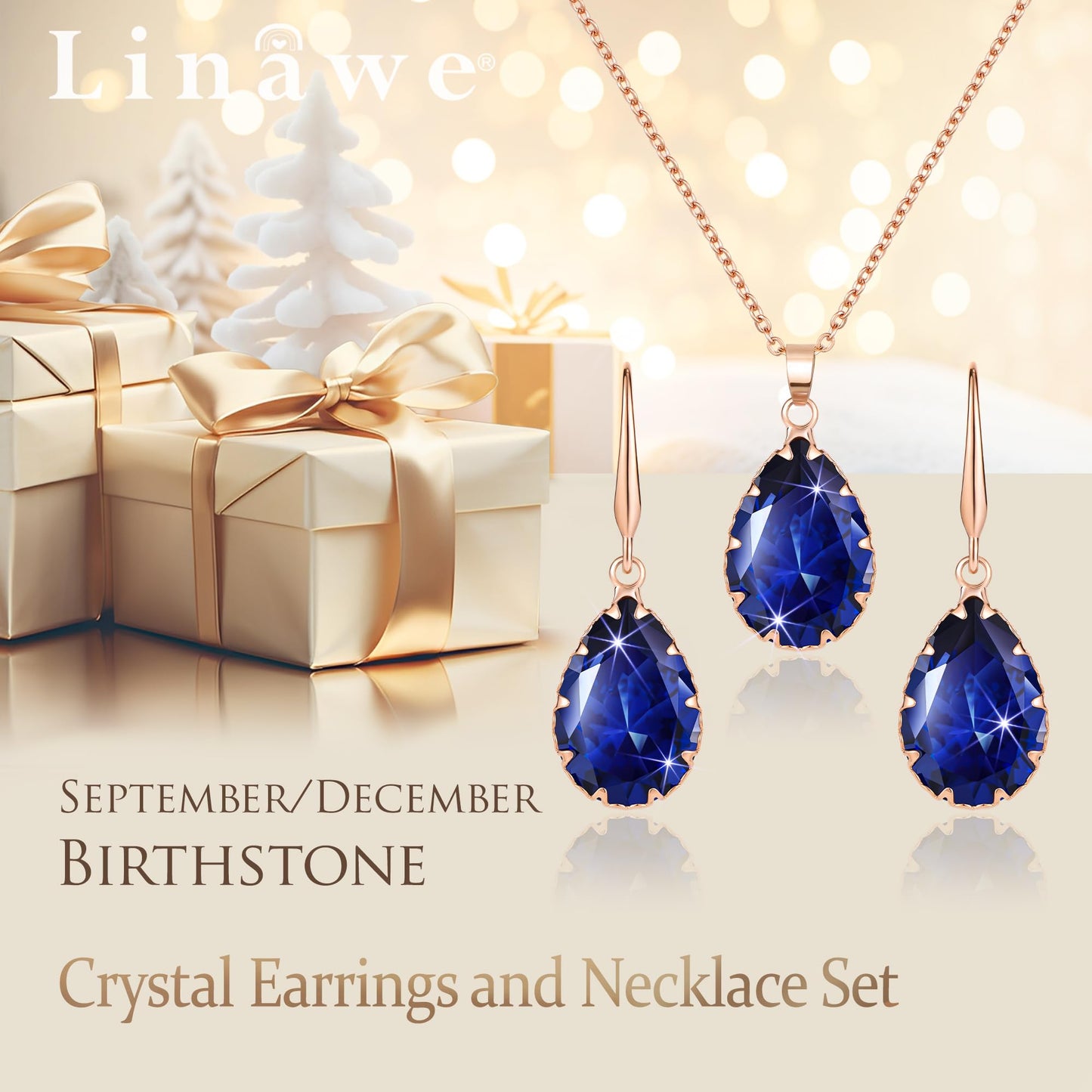 Linawe Sapphire Crystal Boho Jewelry Sets for Women, Navy Blue Earring Set Rose Gold Pendant Necklace Imitation Diamond Rhinestone Matching Cubic Zirconia Birthstone Teardrop