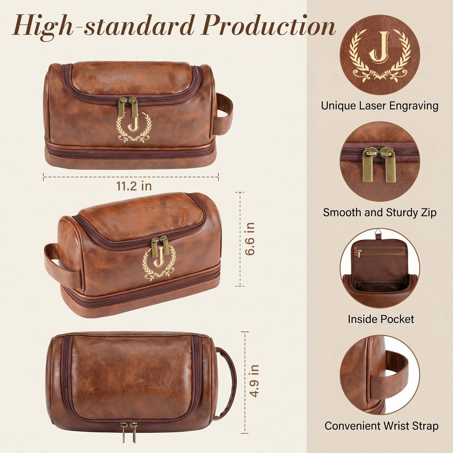 giftoria Father's Day Travel Toiletry Bag for Men, Leather Waterproof Shaving Kit Bag with Hanging Hook, Birthday Anniversary Christmas Presents for Father(S)