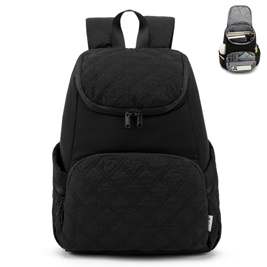 NOL Natural Organic Lifestyle Women's Quilted Puffer Backpack, Large Waterproof Lightweight Puffy Bookbag, Carry on Daypack for Travel, Work (Black)