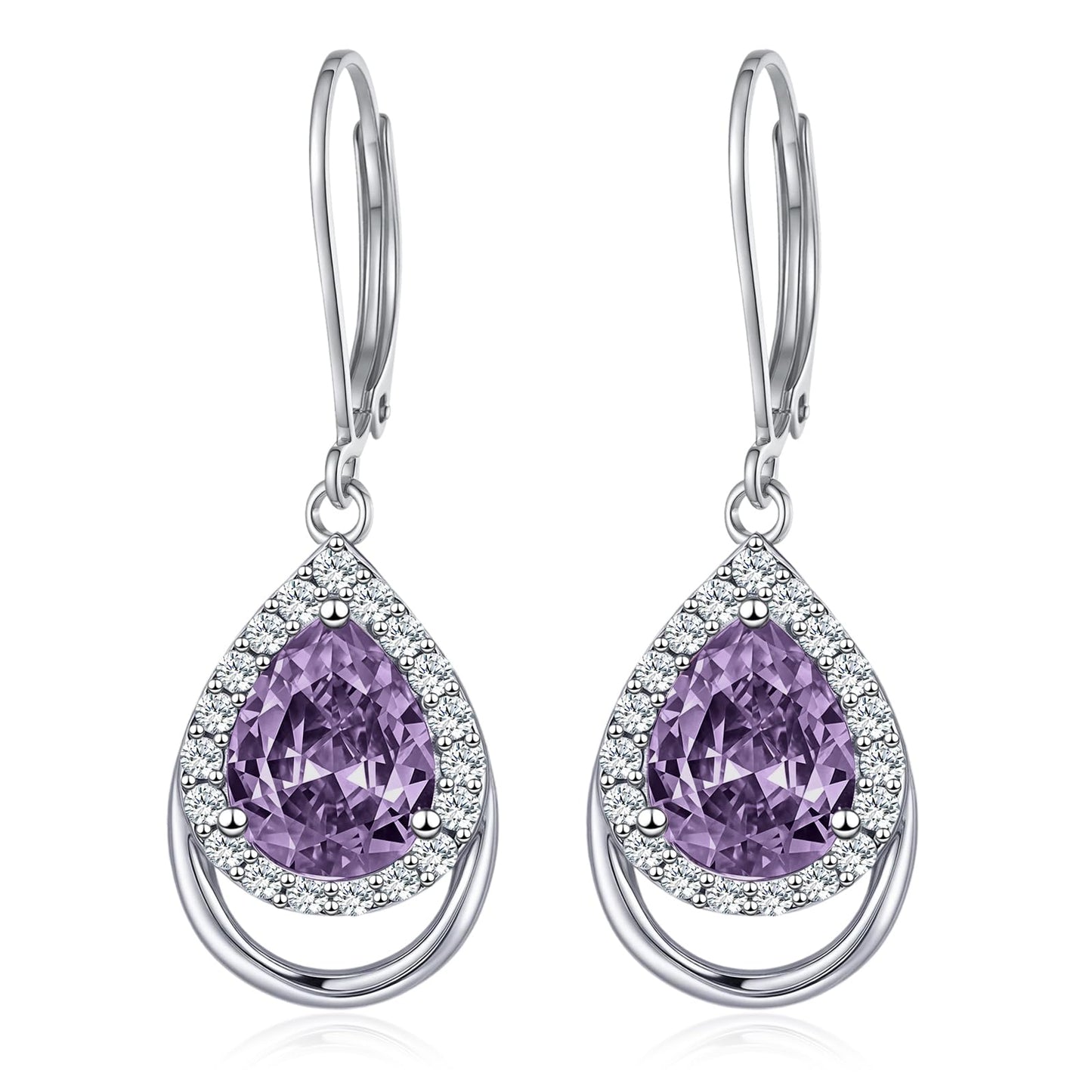 Amethyst Earrings Sterling Silver February Birthstone Teardrop Dangles Purple 5A Cubic Zirconia Drop Jewelry Christmas Gifts for Women