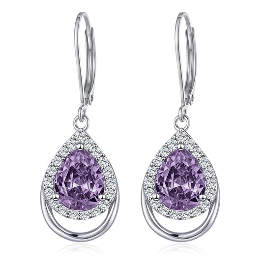 Amethyst Earrings Sterling Silver February Birthstone Teardrop Dangles Purple 5A Cubic Zirconia Drop Jewelry Christmas Gifts for Women