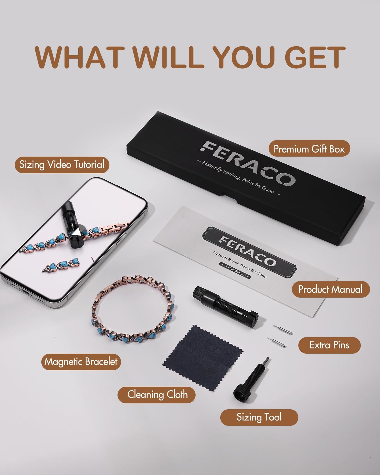 Feraco Pure Copper Bracelets for Women, Ultra Strength Magnetic Bracelet with 3800 Gauss Magnets & Natural Turquois, Adjustable Jewelry