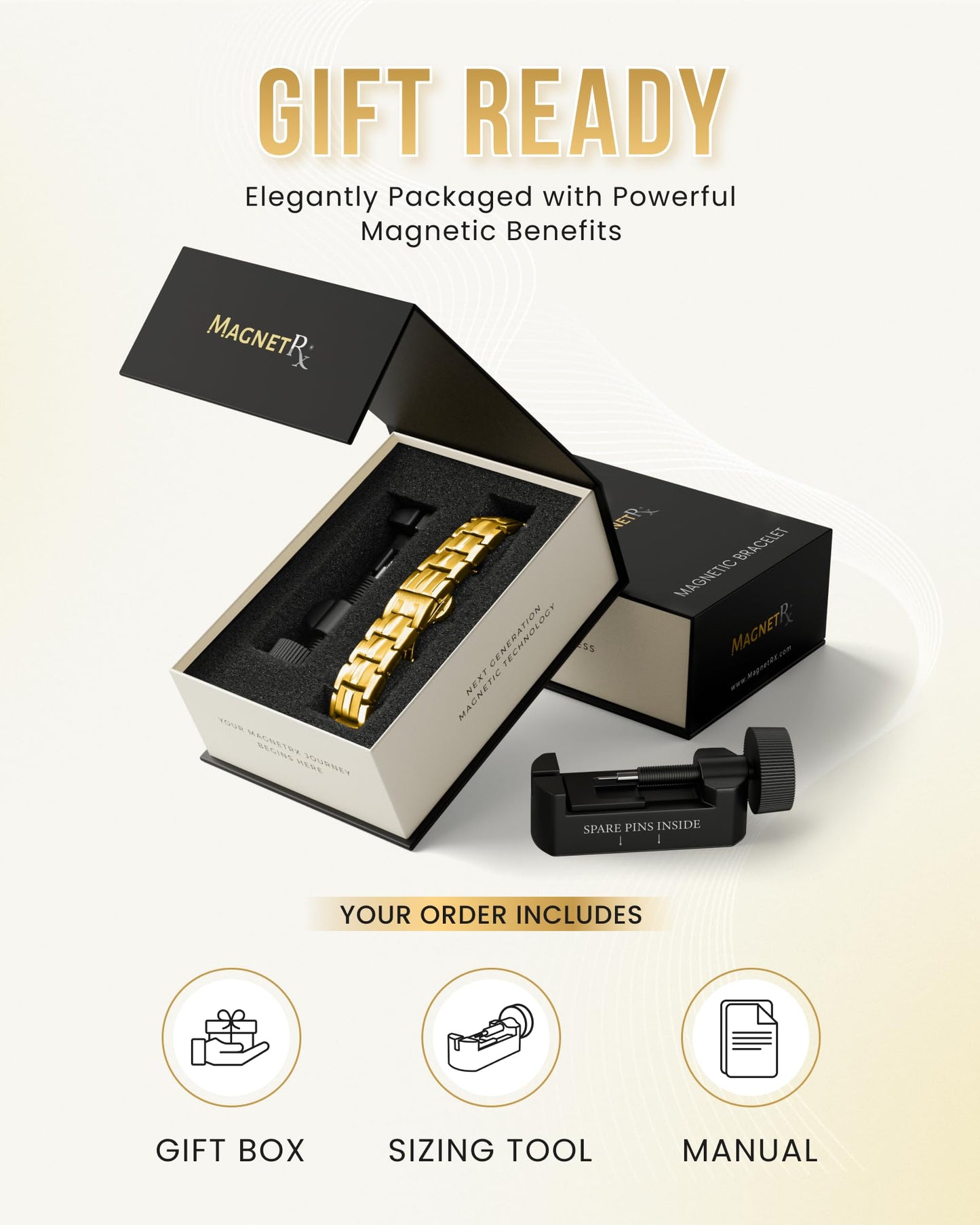 MagnetRX® Magnetic Bracelets for Men - EllipseMAX 5X Strength 5,000 Gauss Magnets - Designed in USA & Patent Pending - Premium Titanium Mens Magnetic Bracelet & Adjustable Length (Gold)