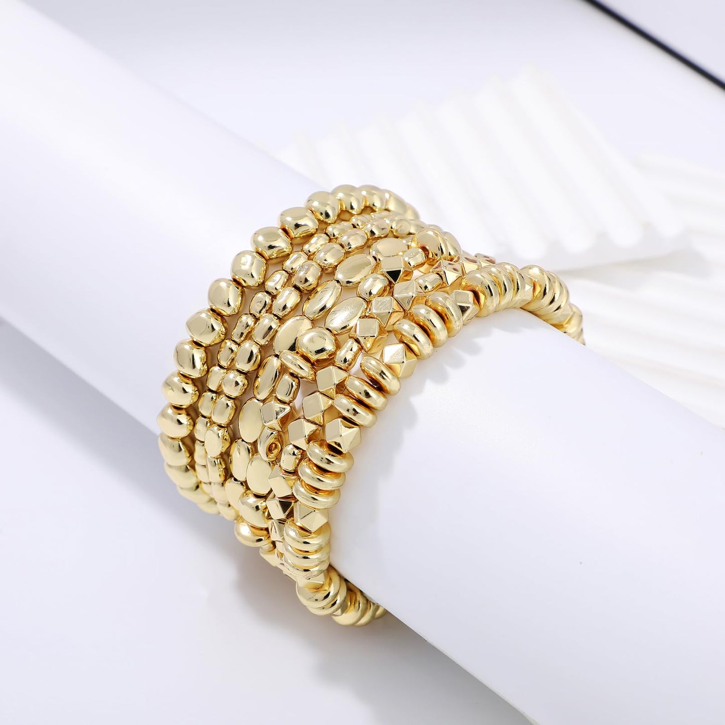 Sajidos Gold Plated Beaded Bracelets for Women Trendy, 14K Gold Plated Stack Cross Pearl Gold Plated Bead Stretch Bracelets Set Elastic Hypoallergenic Bracelets Jewelry Gifts