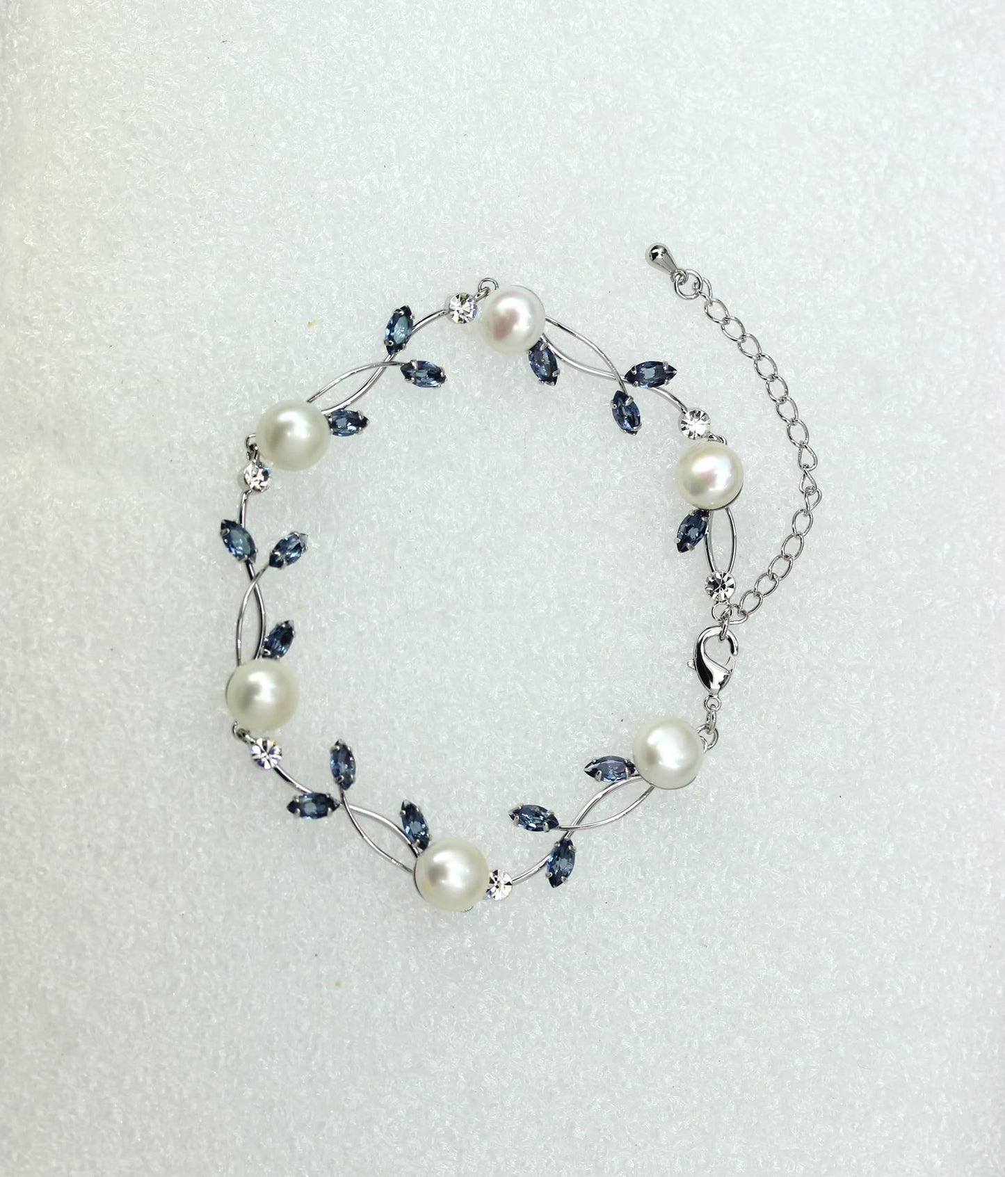 Faship Navy Blue CZ Crystal Genuine Freshwater Pearls Floral Bracelet 7.5" - 9.5" - Navy Blue/Matching Bracelet