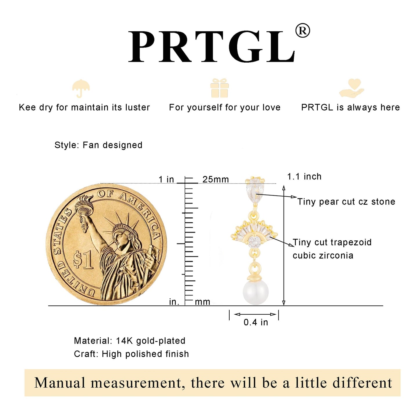 PRTGL Pearl Earrings: 14k Gold-plated Cubic Zirconia Accented Pearl Dangle Wedding Engagement Earrings For Women Bridal Bridesmaid (Fan Designed)