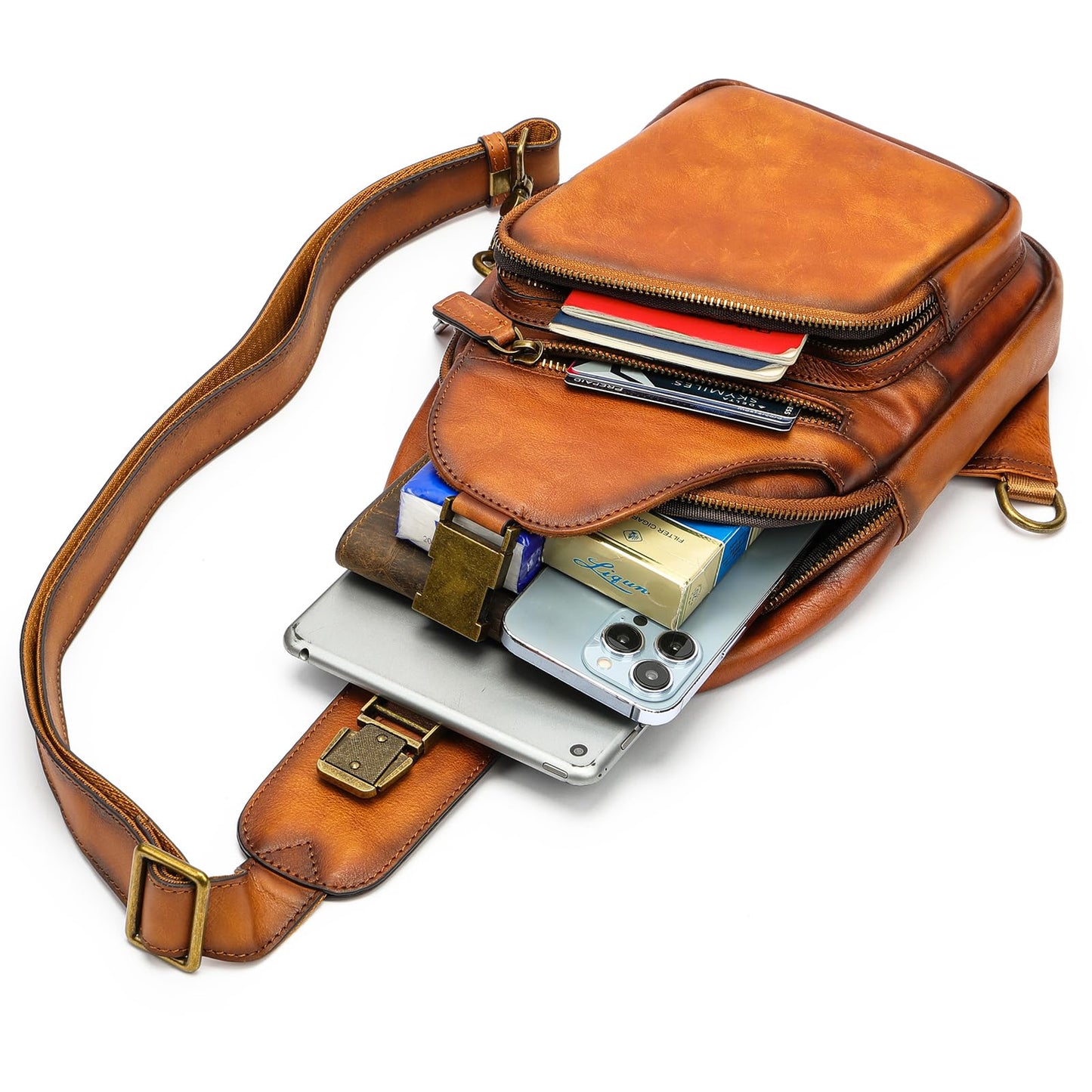 NIUCUNZH Genuine Leather Sling Bag Front Metal-Latch Crossbody Bags Handmade Vintage Chest Shoulder Backpack for Women Men Brown