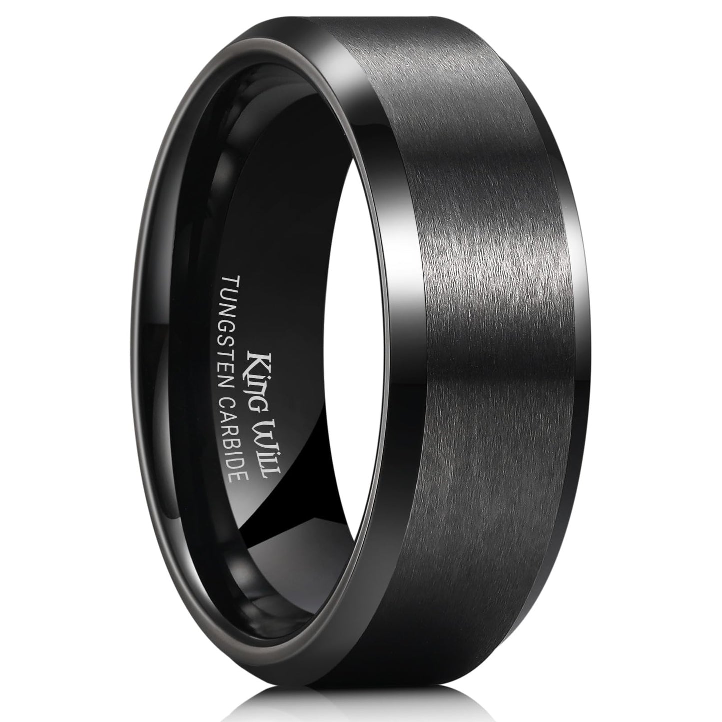 King Will 8mm Men's Black Wedding Ring - Brushed Matte Surface, Beveled Polished Edge, Comfort Fit Size 11