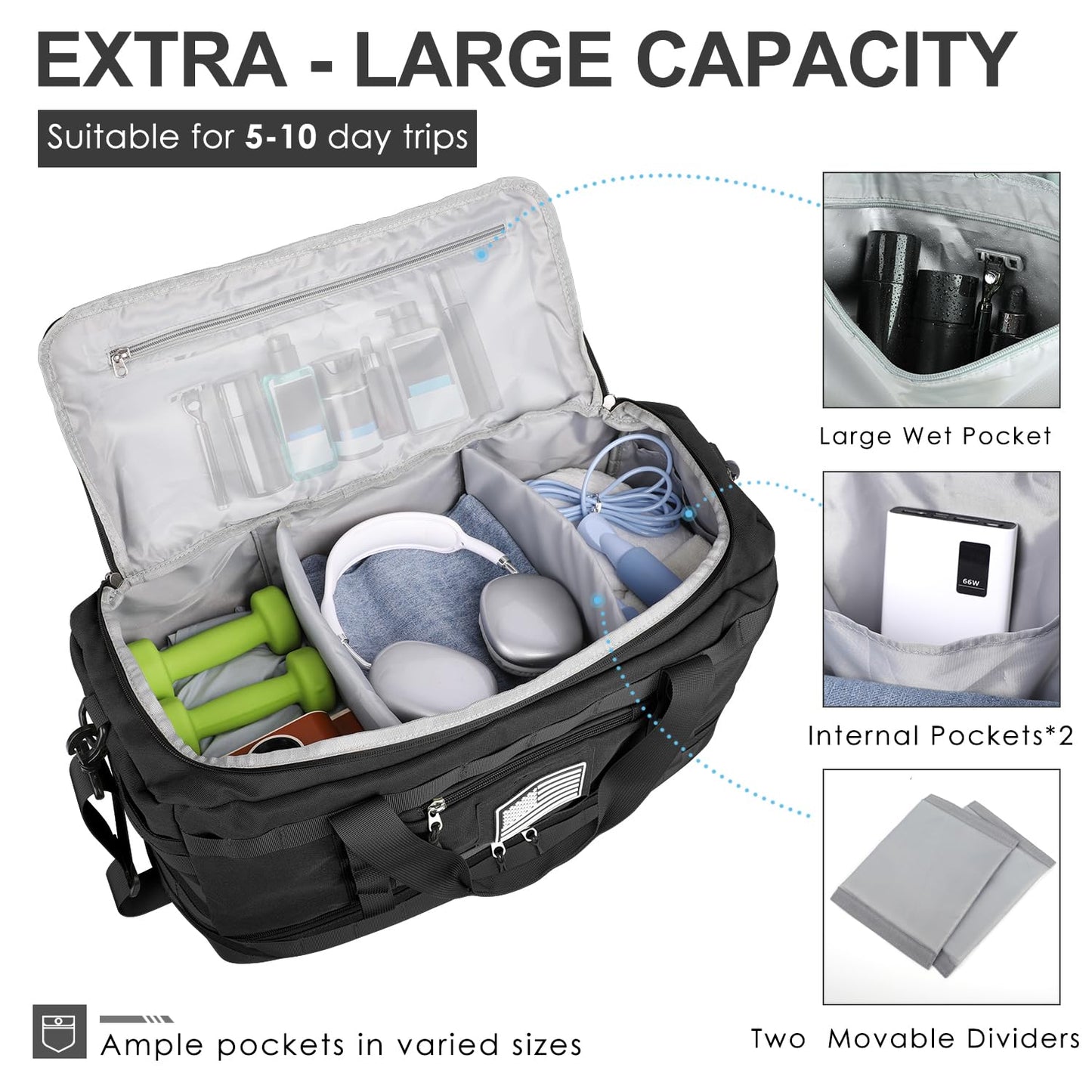 ETRONIK Travel Bag for Men Women, Gym Bag & Tactical Duffle Bags for Travel, Carry on with Toiletry Bag and Shoe Compartment, Weekender Overnight Trip with Wet Pocket for Workout Medical, Black