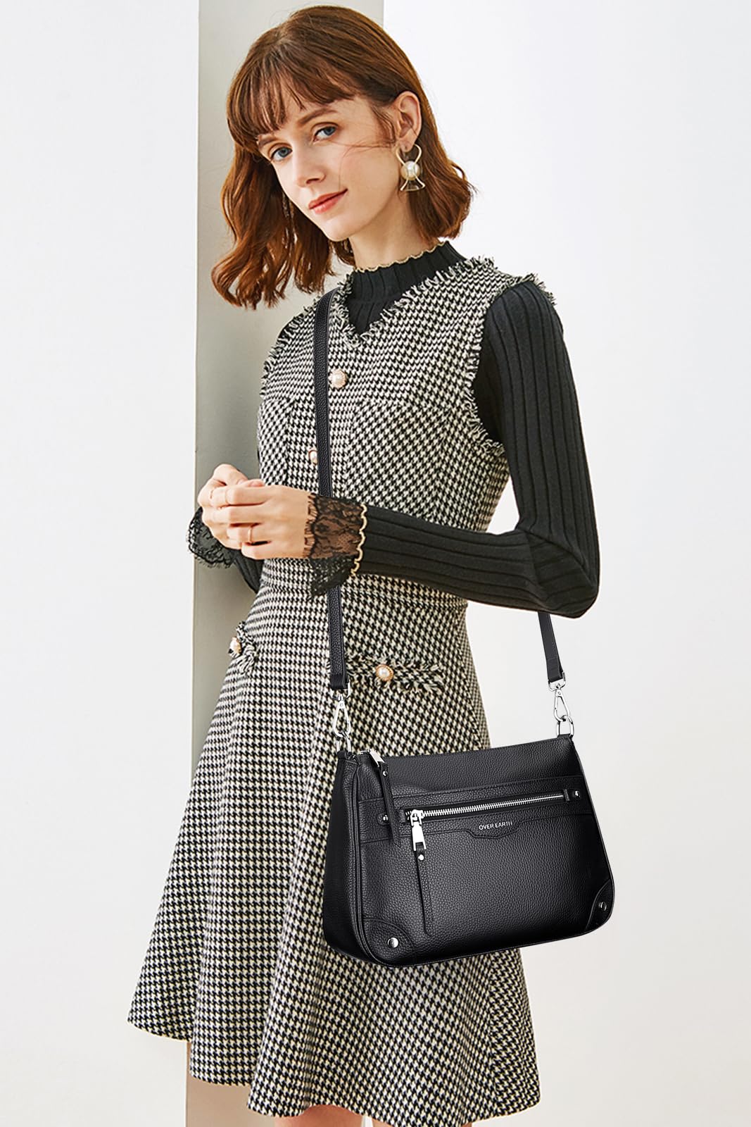 Over Earth Soft Genuine Leather Crossbody Bags for Women Medium Shoulder Purses Hobo Handbags with Multi Pockets(O190E Black)