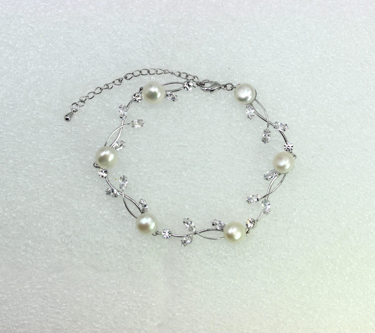 Faship Clear CZ Crystal Genuine Freshwater Pearls Floral Bracelet 7.5" - 9.5" - Clear/Matching Bracelet