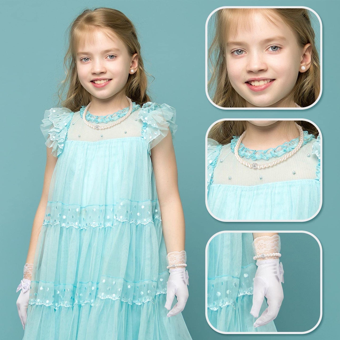 Geyoga 4 Pcs Pearl Necklace Set for Little Girls Toddler Girls Jewelry Communion Gloves for Kids Christmas Tea Party Wedding(Elegant Style,4-8 Years)