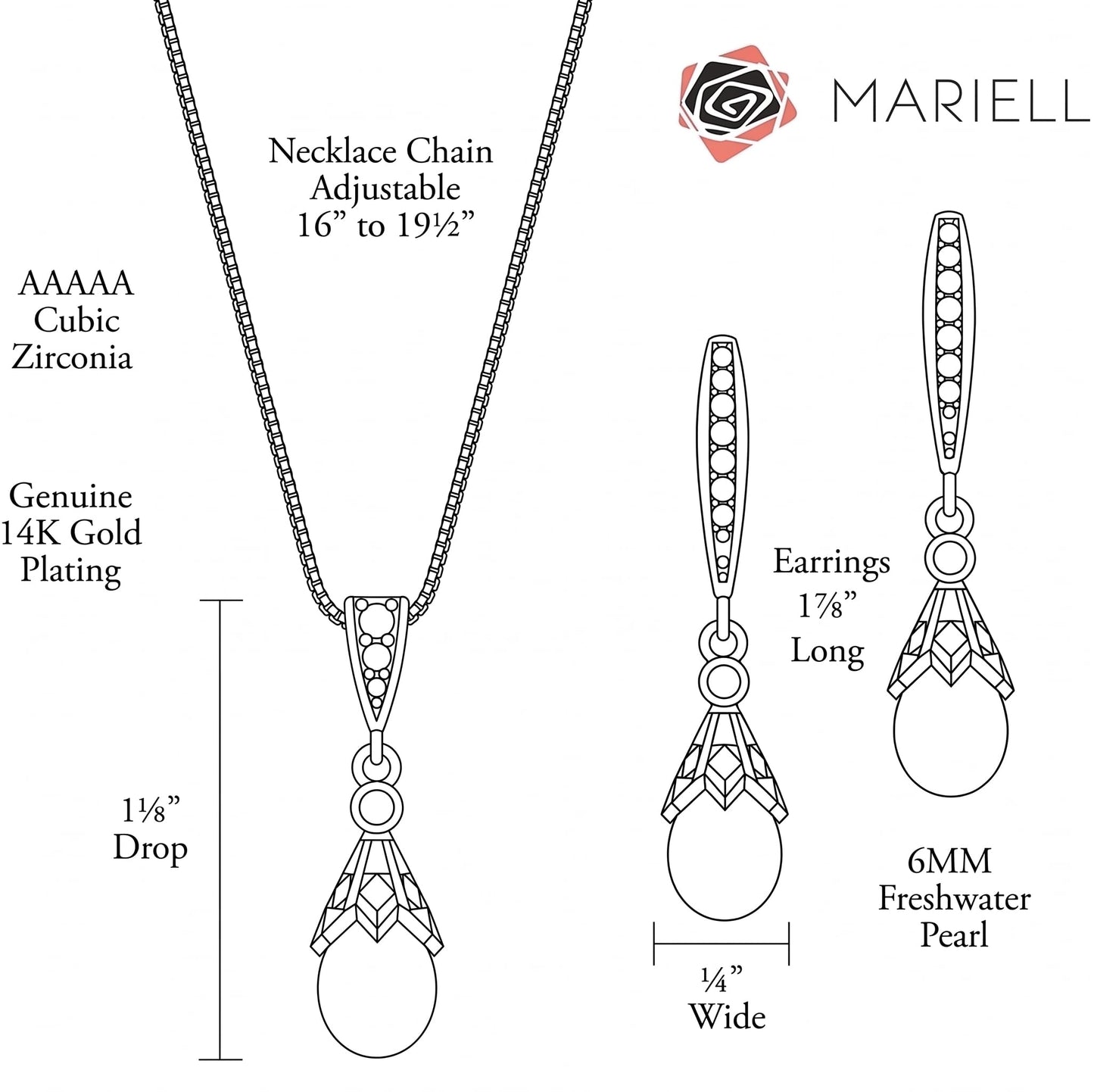 Mariell 14K Rose Gold Plated Wedding Necklace & Earrings Jewelry Set with Freshwater Pearl for Bridesmaids & Brides
