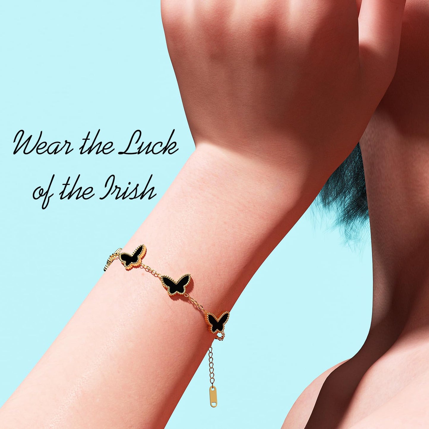 AICase 18K Gold Plated Clover Bracelet Dupes Black Bracelet Set for Women Butterfly Flower Leaf Lucky Clover Bracelets Trendy Jewelry Birthday Gifts for Women/MoM/Friends_Black