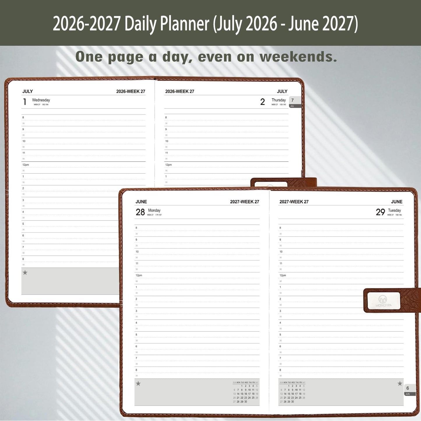 2026-2027 Daily Planner - One Page per Day, 2026-2027 Hourly Daily Calendar(July 2026 - June 2027), 5.7" x 8.26" Appointment Book, Leather Cover + Thick Paper (26-27 Navy Blue)