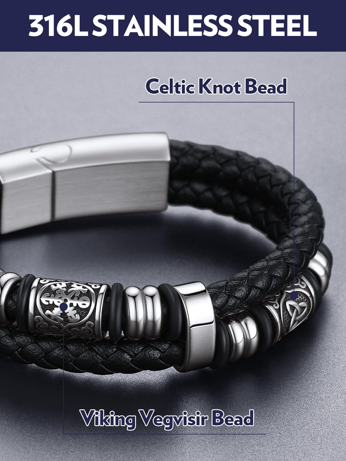 Bandmax Mens Black Cuff Bracelets 9.8 Inch Large Size Double Row Leather Wristband for Big Wrist Viking Celtic Knot Bead Bracelet Gift for Son Husband Father Grandfather