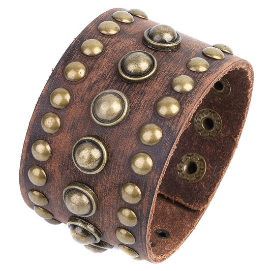 STWTR Men's leather wide waistband Wrist Cuff Bracelet Fashion Bracelet simple coffee adjustable