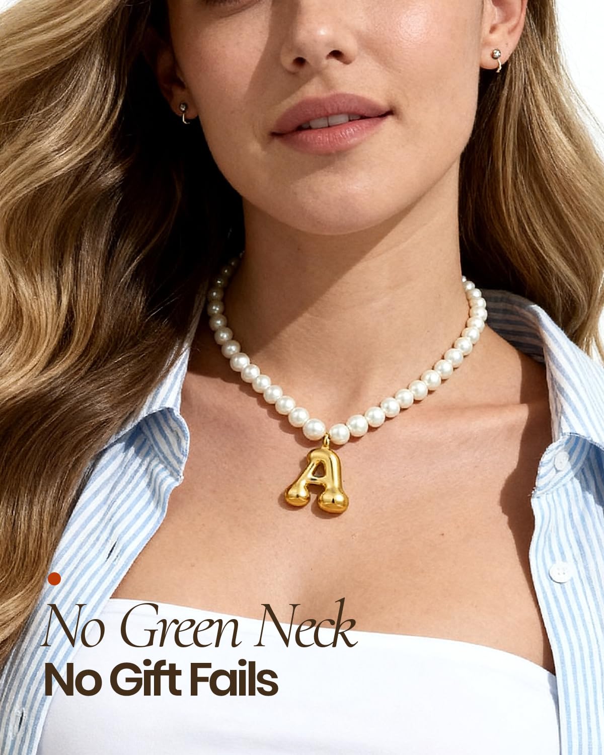 DoDoBeads Pearl Initial Necklace, 18K Gold Plated Stainless Steel Balloon Letter Pendant A, Non-Tarnish Waterproof Chunky Monogram Jewelry Gifts for Women Teens