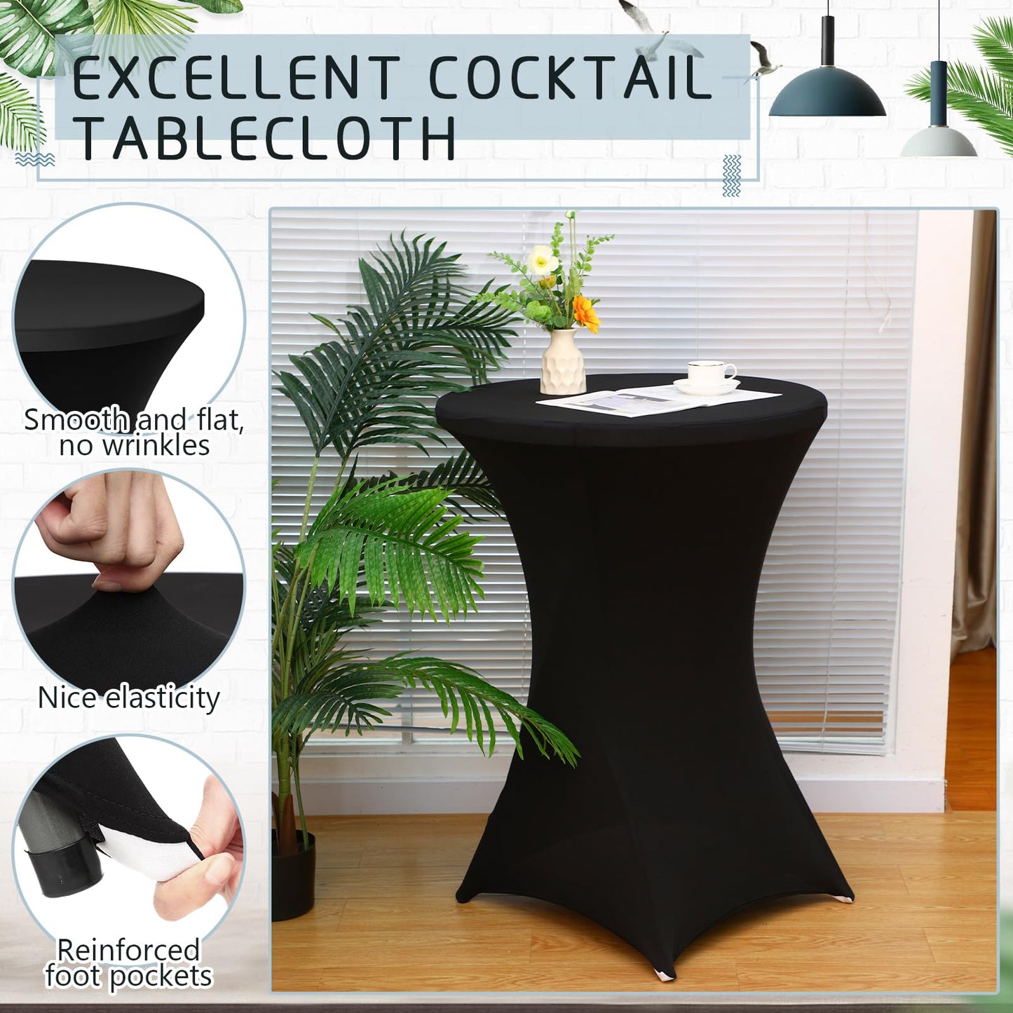Wenqik 2 Sets 32" High Top Round Folding Cocktail Tables White Bar Height with Removable Legs & 32"x43" Spandex Stretch Table Covers (Black)