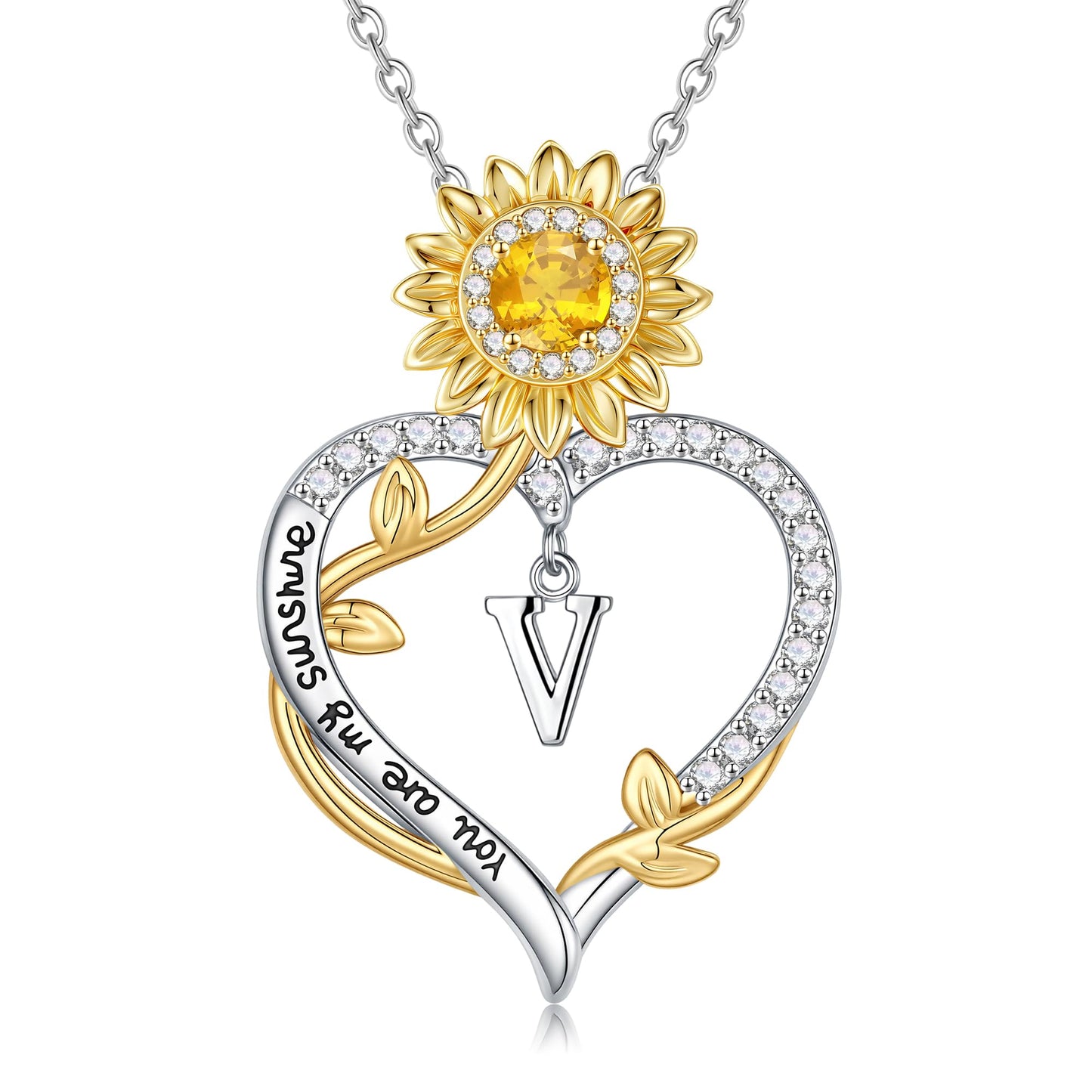 MONOOC Sunflower Gifts for Women - 14K-White-Gold-Plated Sunflower Initial Necklaces for Woman Heart Initial Letter V Necklace, Anniversary Birthday Gifts for Women Jewelry Wife Mom Gift