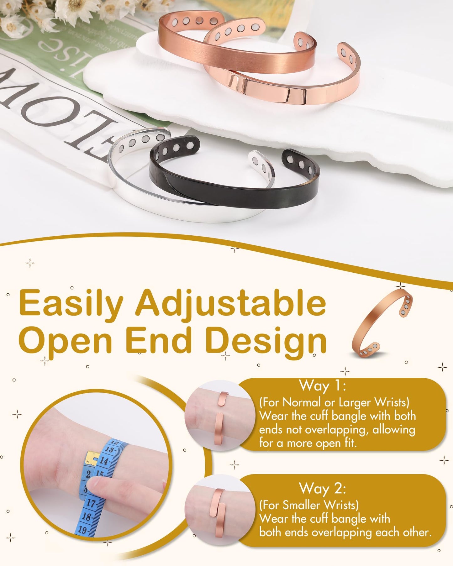 Feraco Copper Magnetic Bracelet for Men Women, 99.99% Pure Copper Cuff Bangle with Effective Neodymium Magnets, Adjustable Jewelry Gifts (Set of 2)