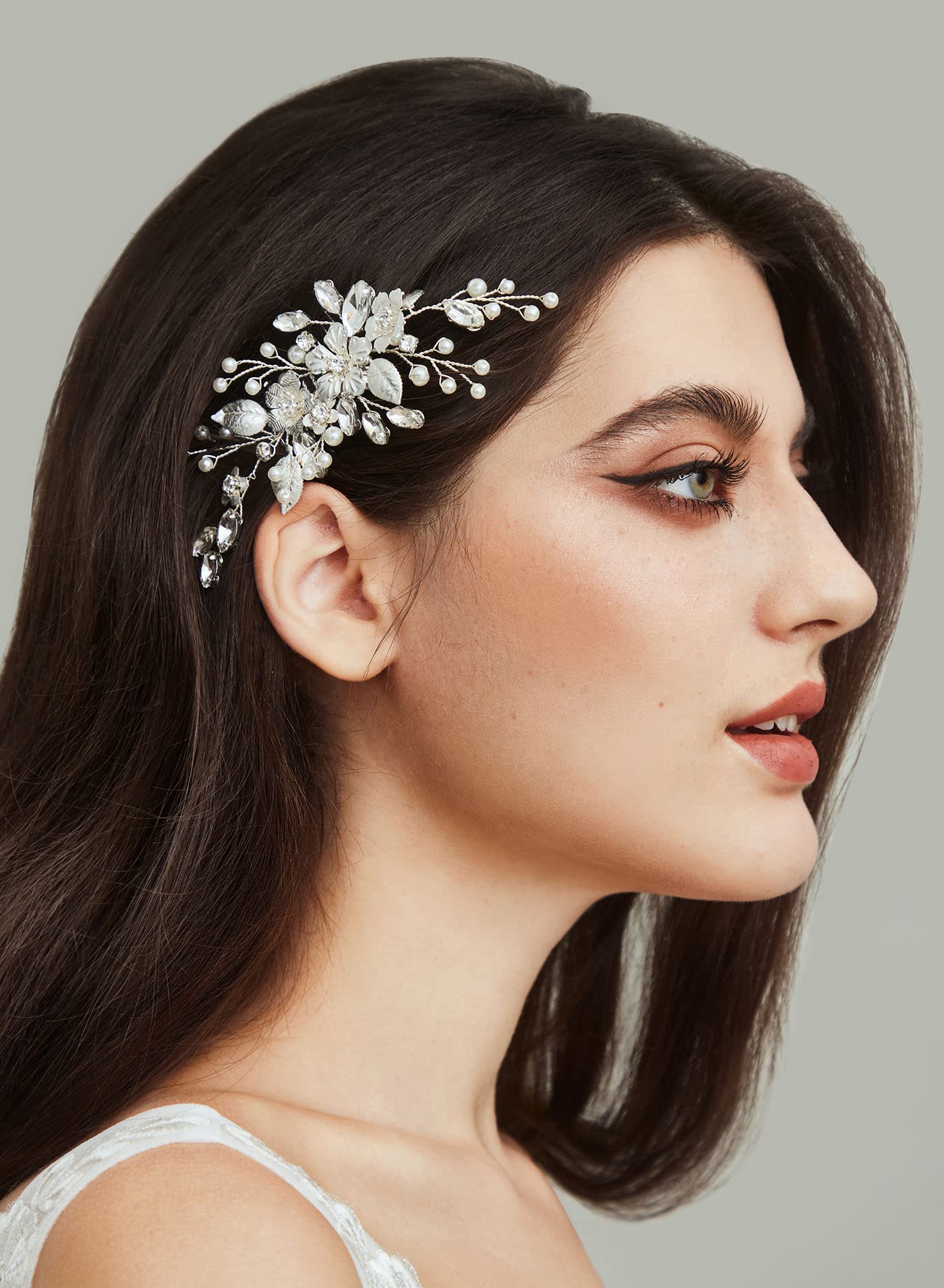 SWEETV Silver Bridal Hair Comb for Wedding Hair Accessories, Handmade with Crystals, Pearls, and Leaves, 4.72 x 2.75 inches, for Brides, Women