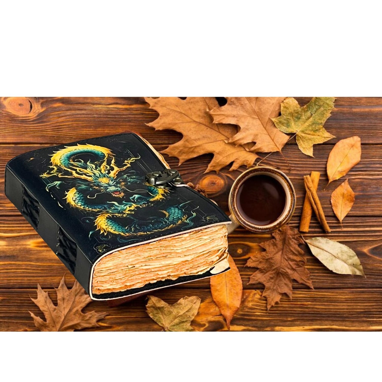 The Arcane Dragon – Handmade Antique Deckle Edge Paper Leather Journal with Embossed Dragon Cover & Lock Closure – Vintage Writing Diary, Fantasy Spell Book, Sketchbook, Gift for Writers & Artists