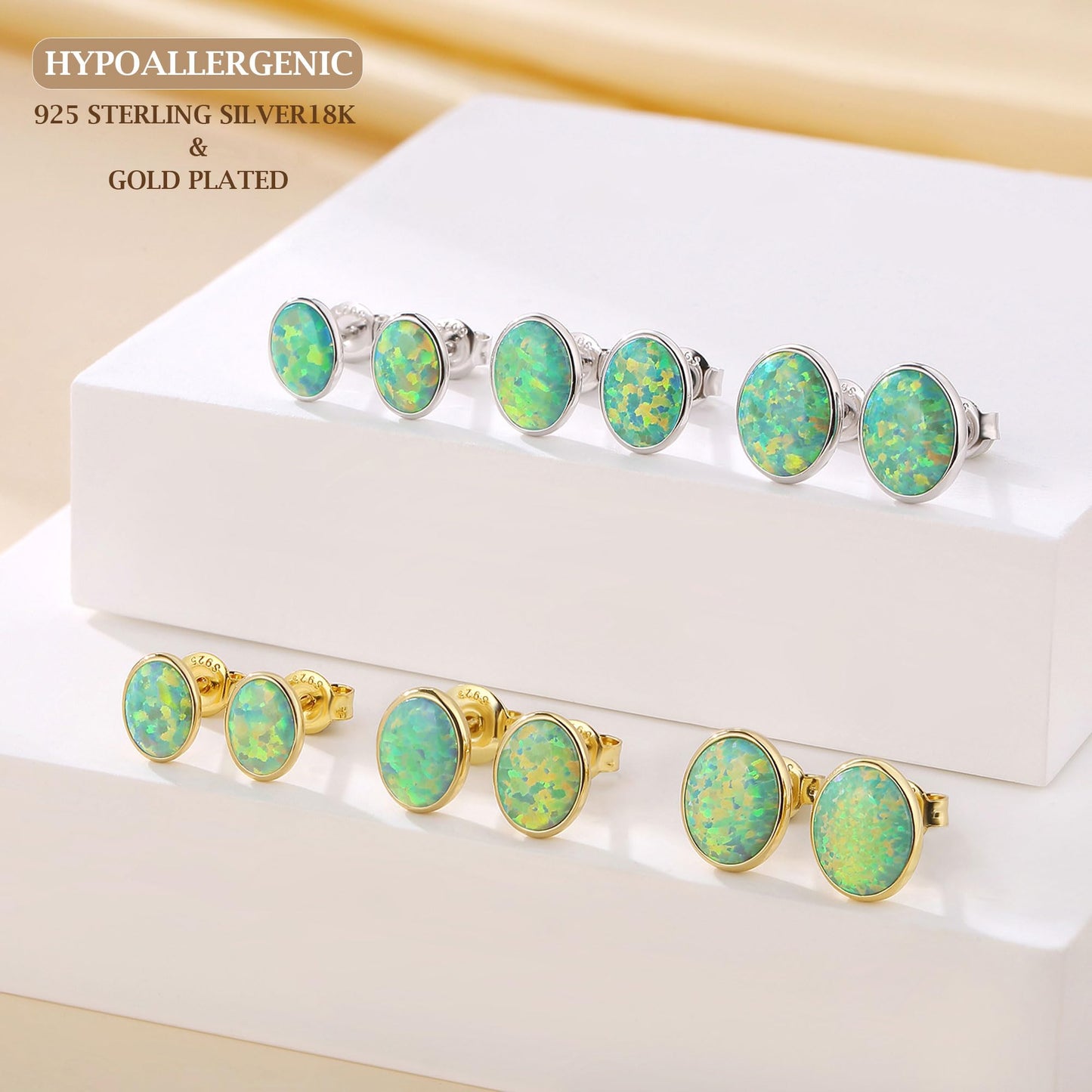 JiayangJY Silver Green Fire Opal Stud Earrings for Women 18K Yellow Gold Plated Sterling Silver Oval Shape 7mm Opal Earrings with Push Back
