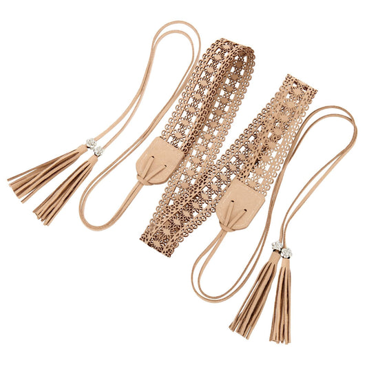 WHIPPY Boho Braided Tassel Belt for Women Western Ethnic Dress Belts Cowgirl Vintage Hollow Floral Waistband with Wax Rope, Beige S