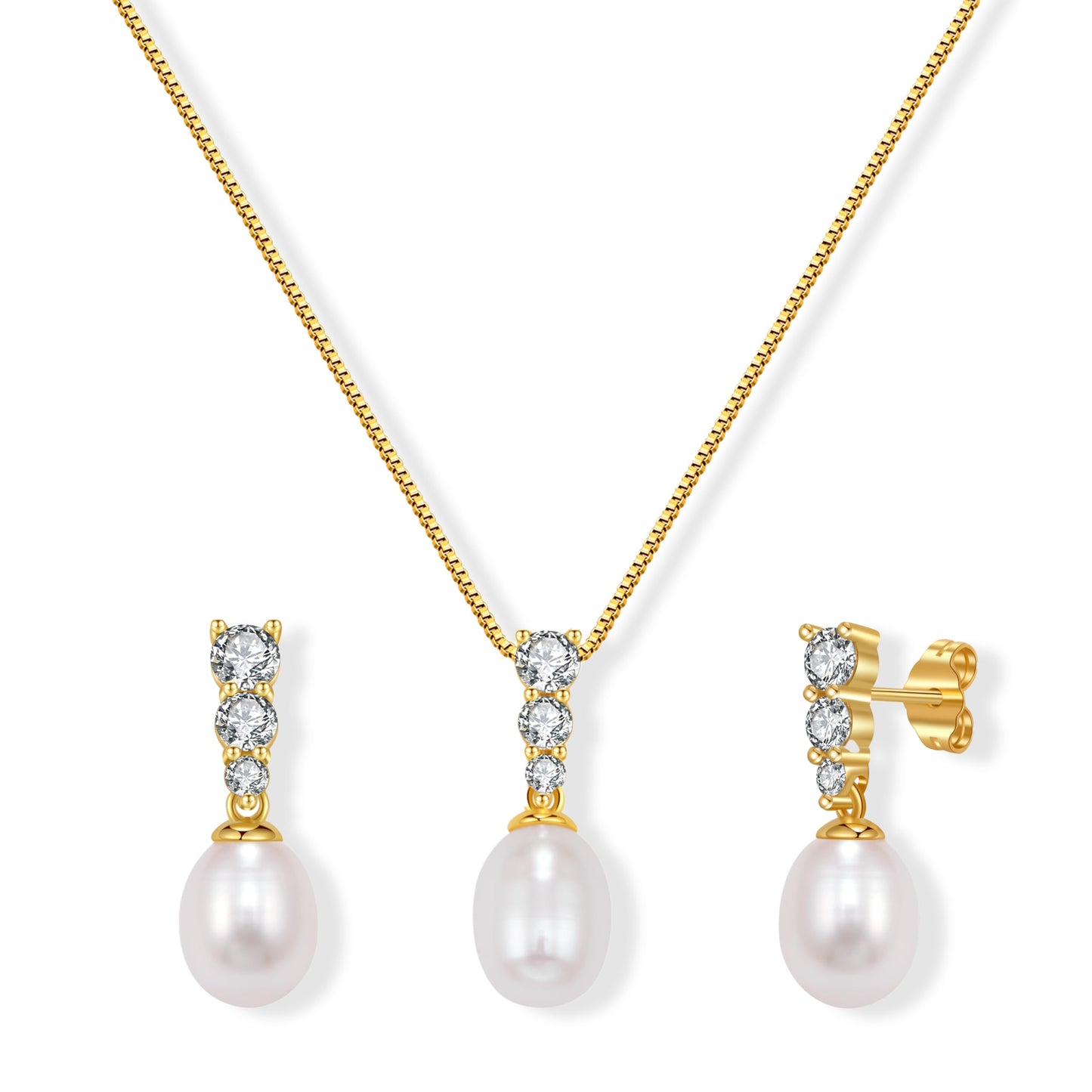 HENGSHENG Pearl Jewelry Set For Women Freshwater AAAA Pearl Pendant Necklace & Earrings 18K Gold Plated with Sparkling Cubic Zirconia Jewelry Set for Wedding Prom Gift