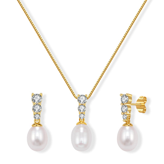 HENGSHENG Pearl Jewelry Set For Women Freshwater AAAA Pearl Pendant Necklace & Earrings 18K Gold Plated with Sparkling Cubic Zirconia Jewelry Set for Wedding Prom Gift