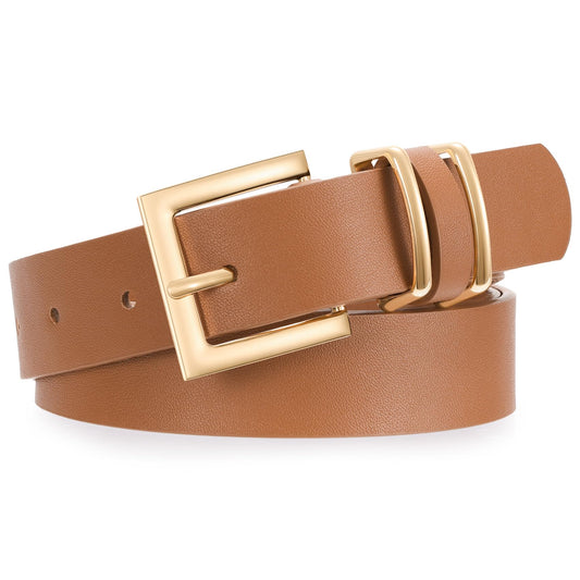 XZQTIVE Women Leather Belt with Gold Square Buckle,Stylish & Durable Waist Belt for Jeans,Pants & Dresses,Adjustable Fit,Classic Fashion Accessory