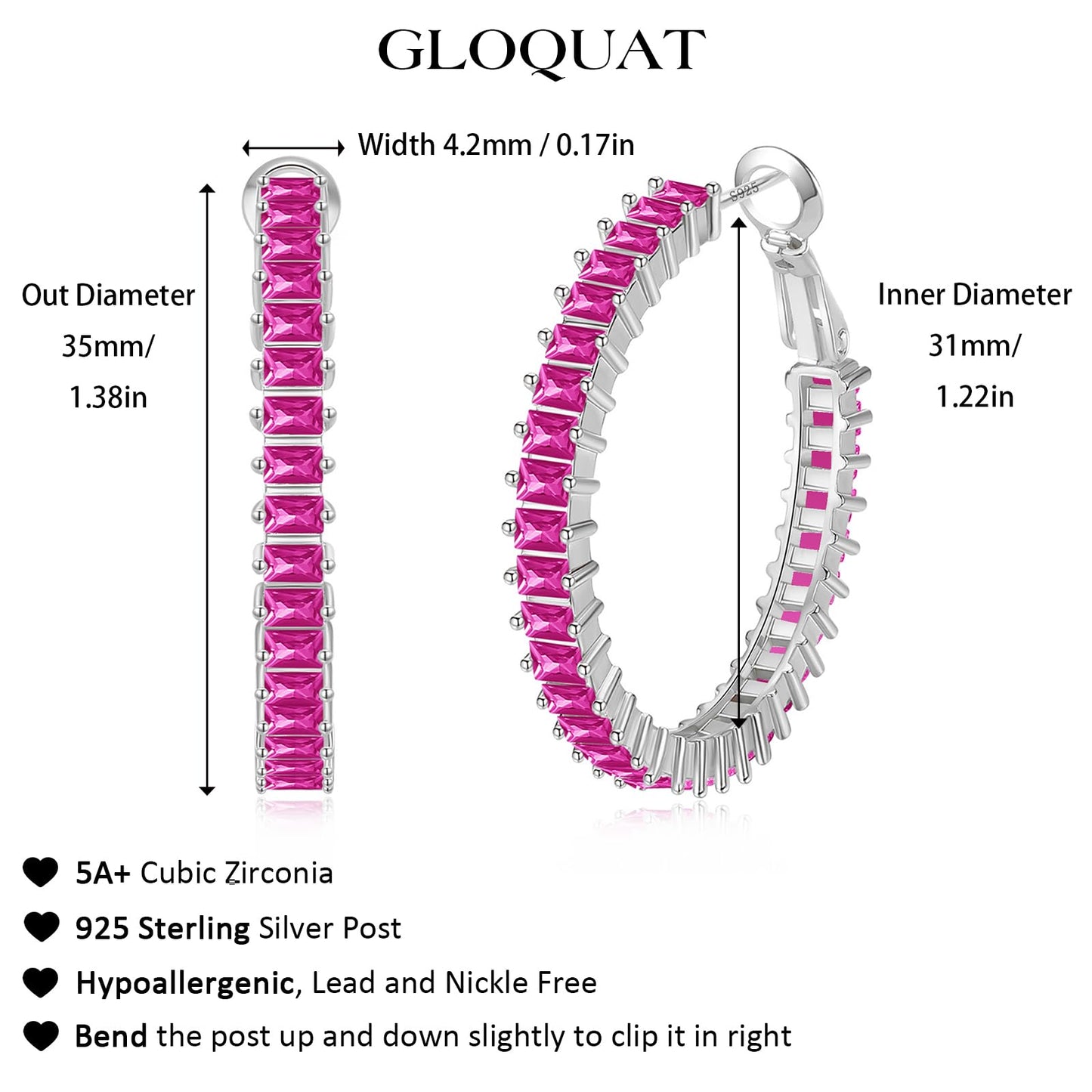 GLOQUAT CZ Hot Pink 35mm Fuchsia Hoop Earrings for Women, Brass