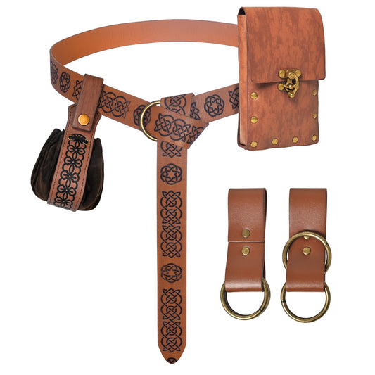 NFAUEIK Renaissance Accessories Viking Renaissance Belt Medieval Vintage Waist Bag Leather Arm Protector and Sword Set (4Pouch-Brown)