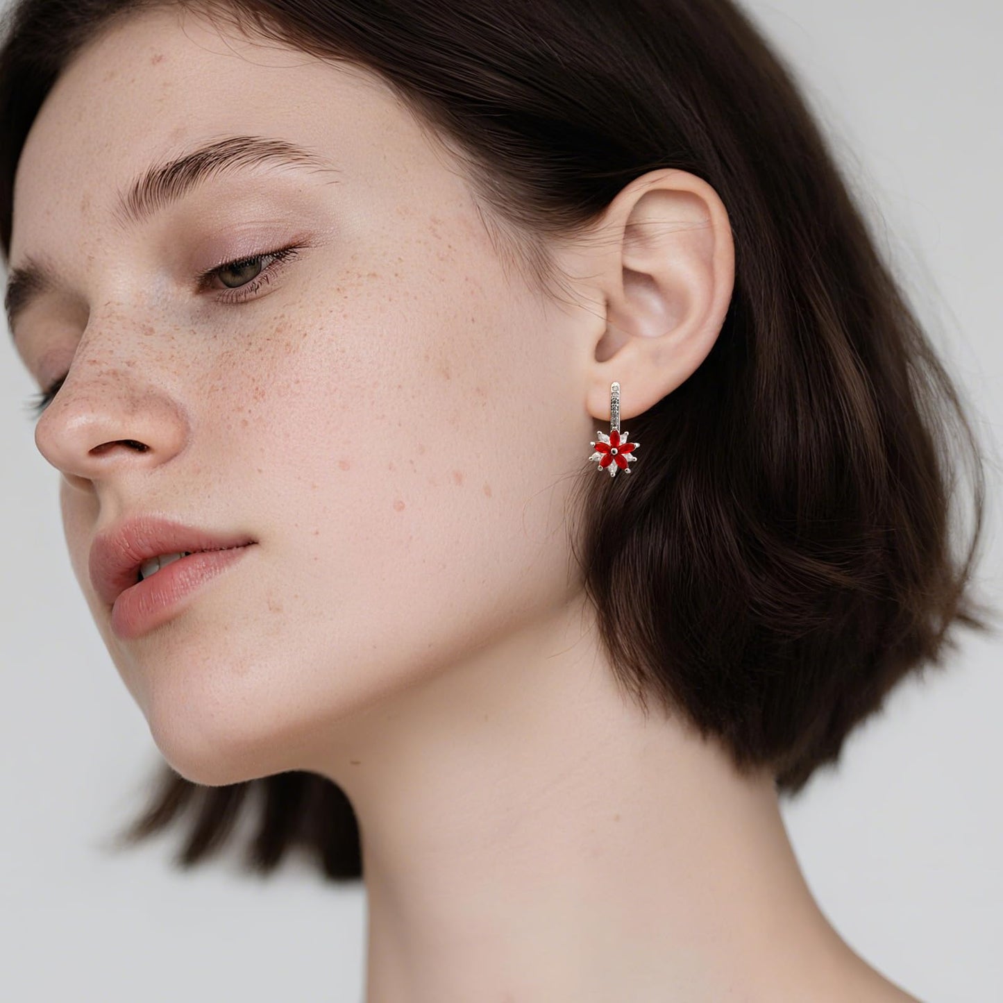 Watforsh 925 Sterling Silver Flower Earrings for Women Dangling Leverback Earrings with Ruby and White Crystal Double Floral