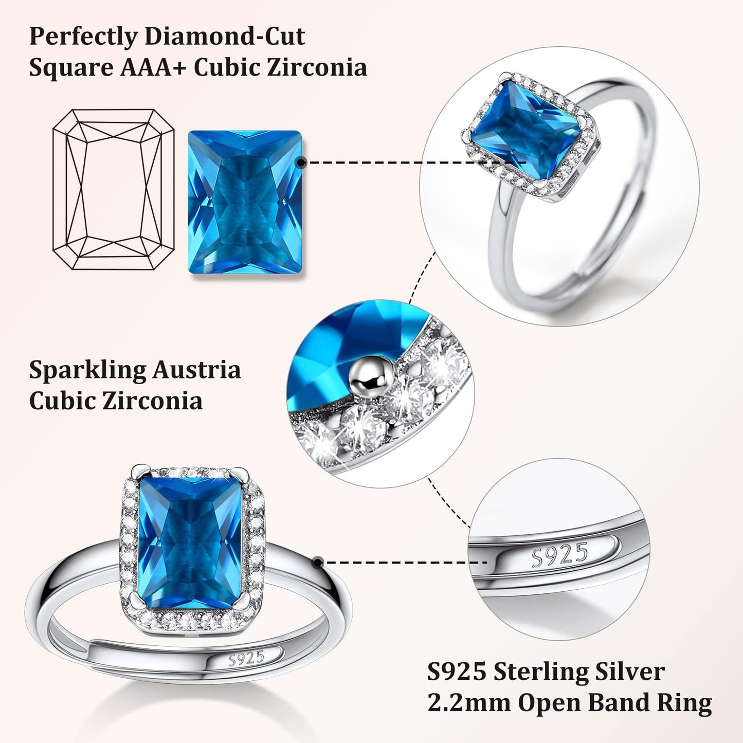 Bestyle CZ Square Diamond Rings 5mm December Blue Topaz Birthstone Solitaire Rings, 925 Sterling Silver Rings Jewelry Gift for Wedding Anniversary Birthday