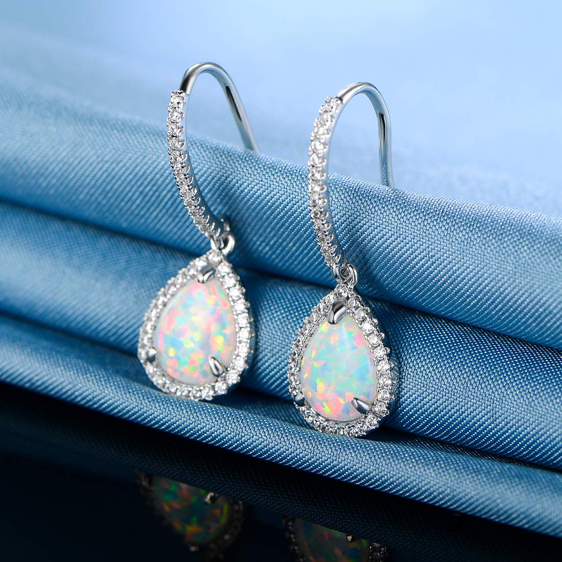 Gemsme 18K White Gold Plated Teardrop Opal and Cubic Zirconia Created Dangle Earrings For Women