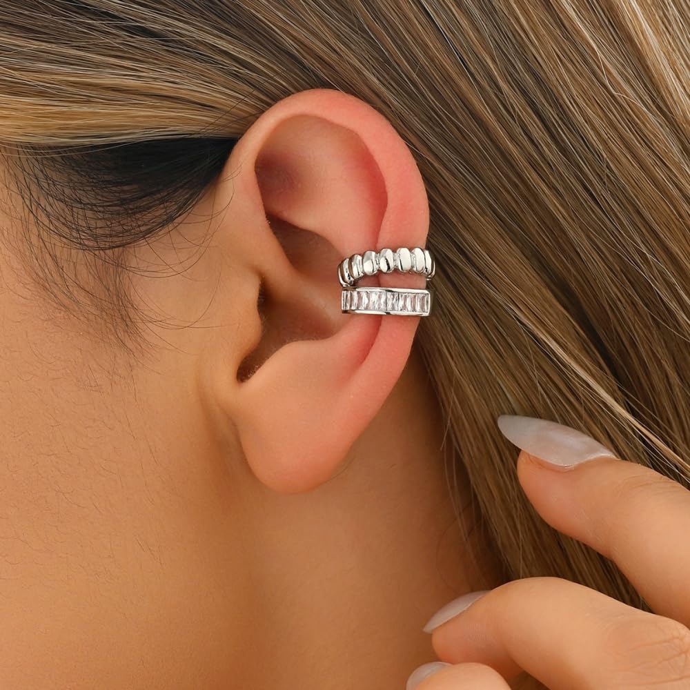 Kokoma Double Layered Cubic Zirconia Ear Cuff for Women C-Shaped Cartilage Tragus Earring Dainty Non-Piercing Clip On Hoop Fashion Ear Jewelry