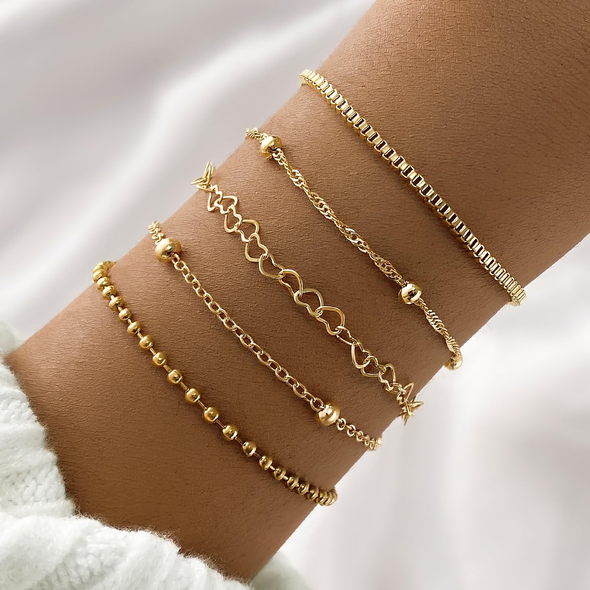 IFKM Gold Bracelets for Women, 14K Gold Plated Dainty Link Chain Bracelet set, Trendy Stackable Layered Bracelets jewelry Gifts