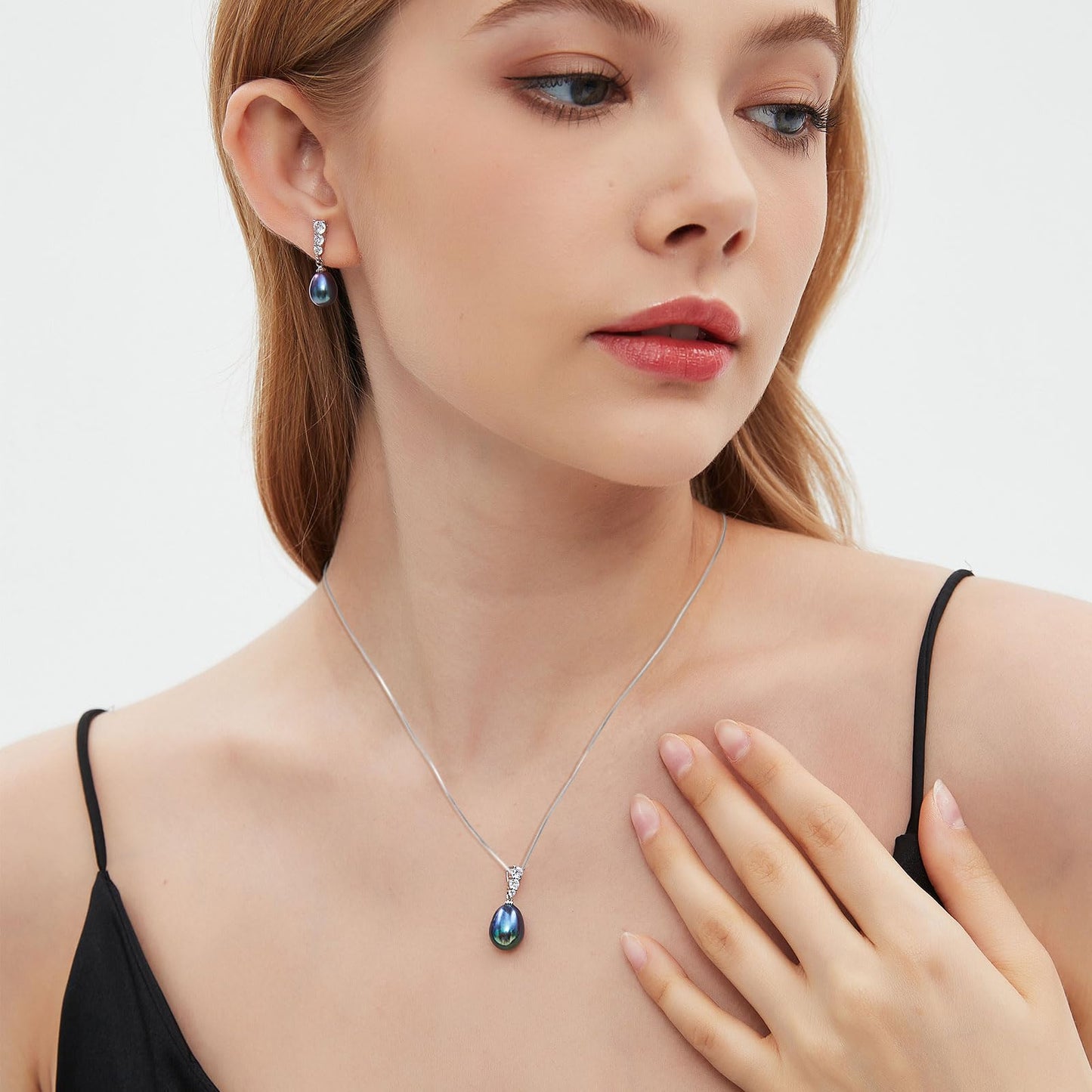 BAMIKI Black Pearl Necklace and Earrings Set, Saltwater Cultured Baroque Pearl 9-10mm, 925 Sterling Silver Set with CZ, Jewelry Gifts for Women, Drop Style