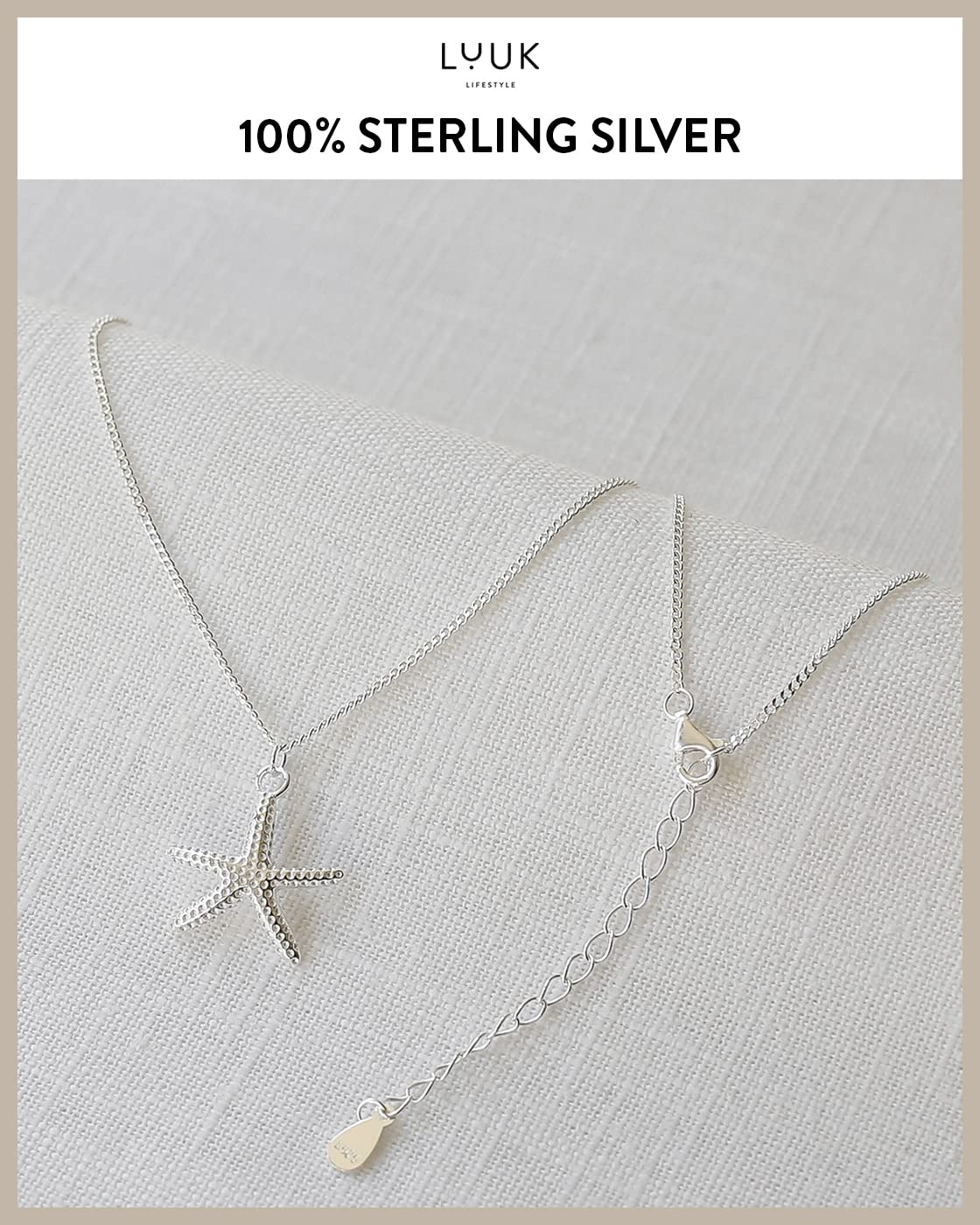 LUUK LIFESTYLE Necklace in 925 sterling silver with starfish pendant and HAPPINESS gift card, jewelry for daily wear, festival, special occasions, 19” adjustable chain, strong and durable, silver