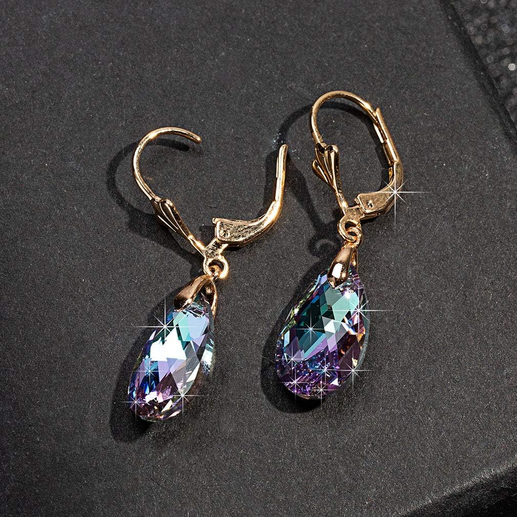 Austrian Crystal Teardrop Leverback Dangle Earrings for Women Fashion 14K Gold Plated Hypoallergenic Jewelry (Vitrail Light)