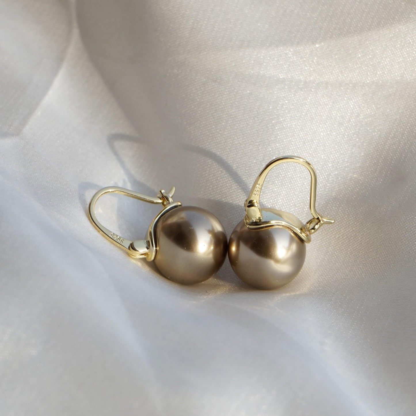 OwMell Elegant 925 Sterling Silver Pearl Drop Earrings Dangle Stud Gold Plated Earrings for Women Large Size 12mm - Champagne Gold