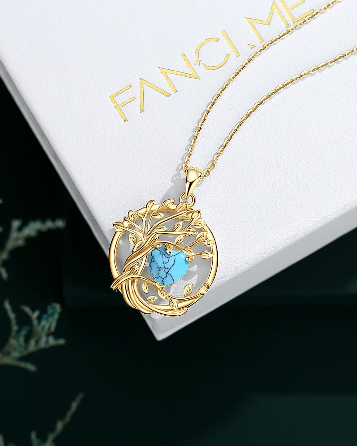 FANCIME Tree of life December Birthstone Necklace for Women Sterling Silver Yellow Gold Plated Created Turquoise Pendant November Birthday Jewelry Mothers Day Gifts for Wife Mom Her