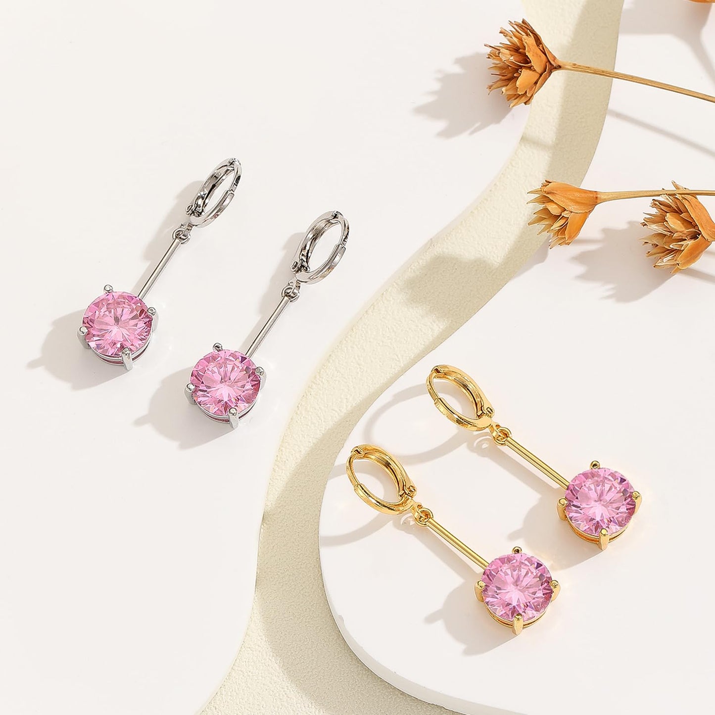 VONSSY Gemstone Drop Dangle Earrings | Platinum/Gold Plated Leverback Crystal Cubic Zirconia Hanging Red/Pink/Blue Earrings (Pink-Gold)