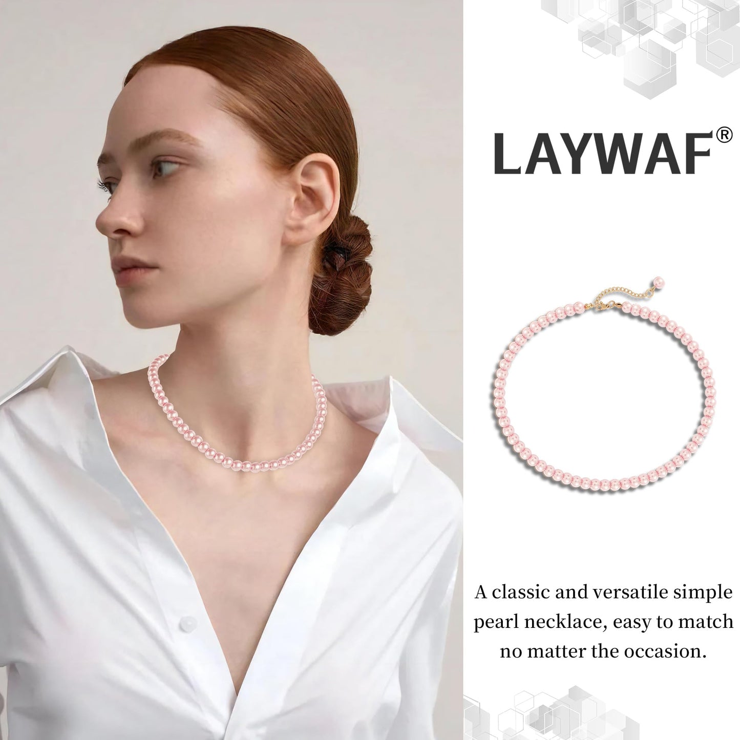 LAYWAF Imitation Pearl Pink Choker Necklace for Women, 8MM Beaded Necklace, Fake Pearl Mom Necklace, Simple Dainty Faux Pearl Necklace for Wedding Bride Bridal