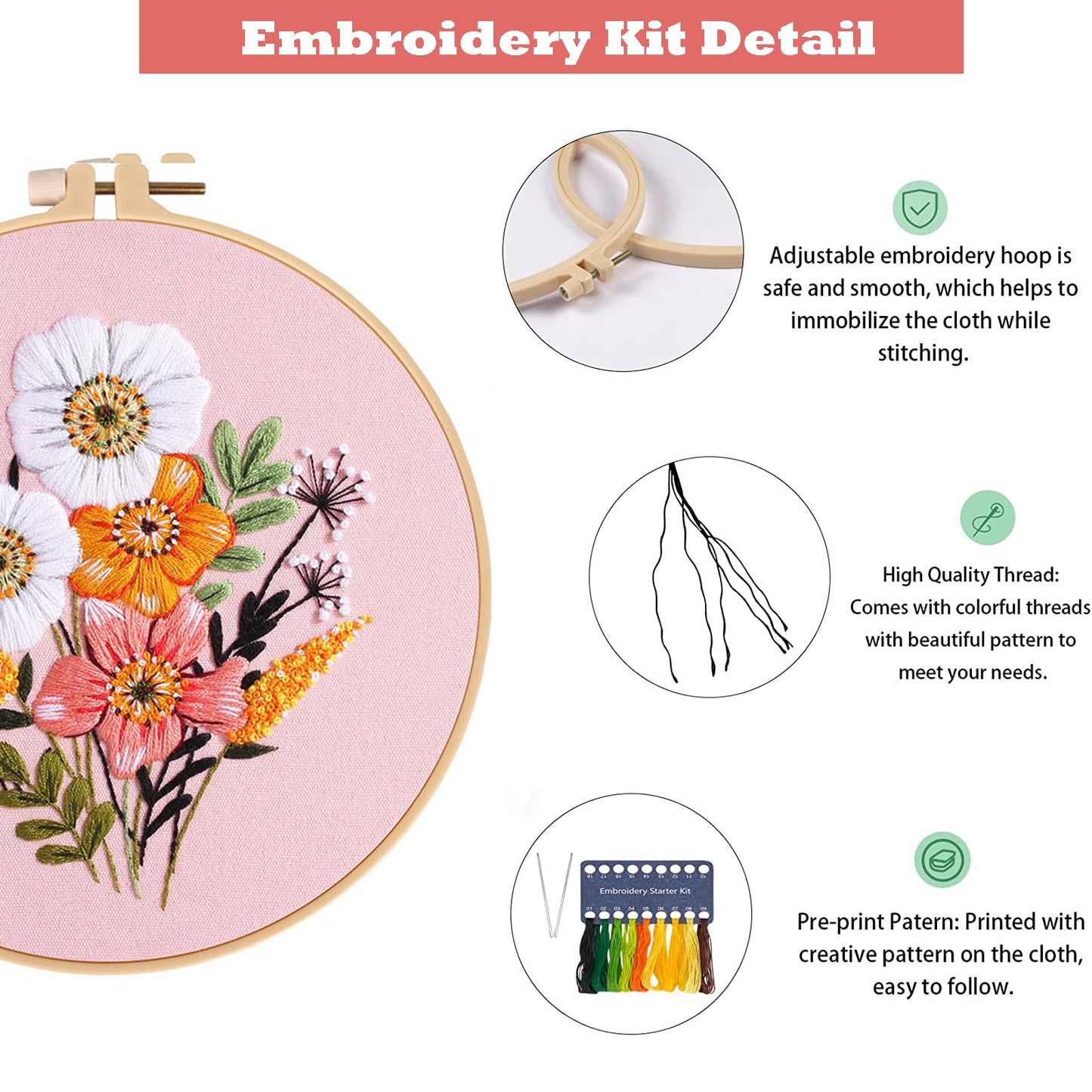 3 Set Embroidery Stitches Practice Kit, Embroidery Kit for Beginners with Embroidery Patterns, Beginner Embroidery Kit, Embroidery Kits for Adults, Hand Embroidery Kit, Embroidery Kit for Kids